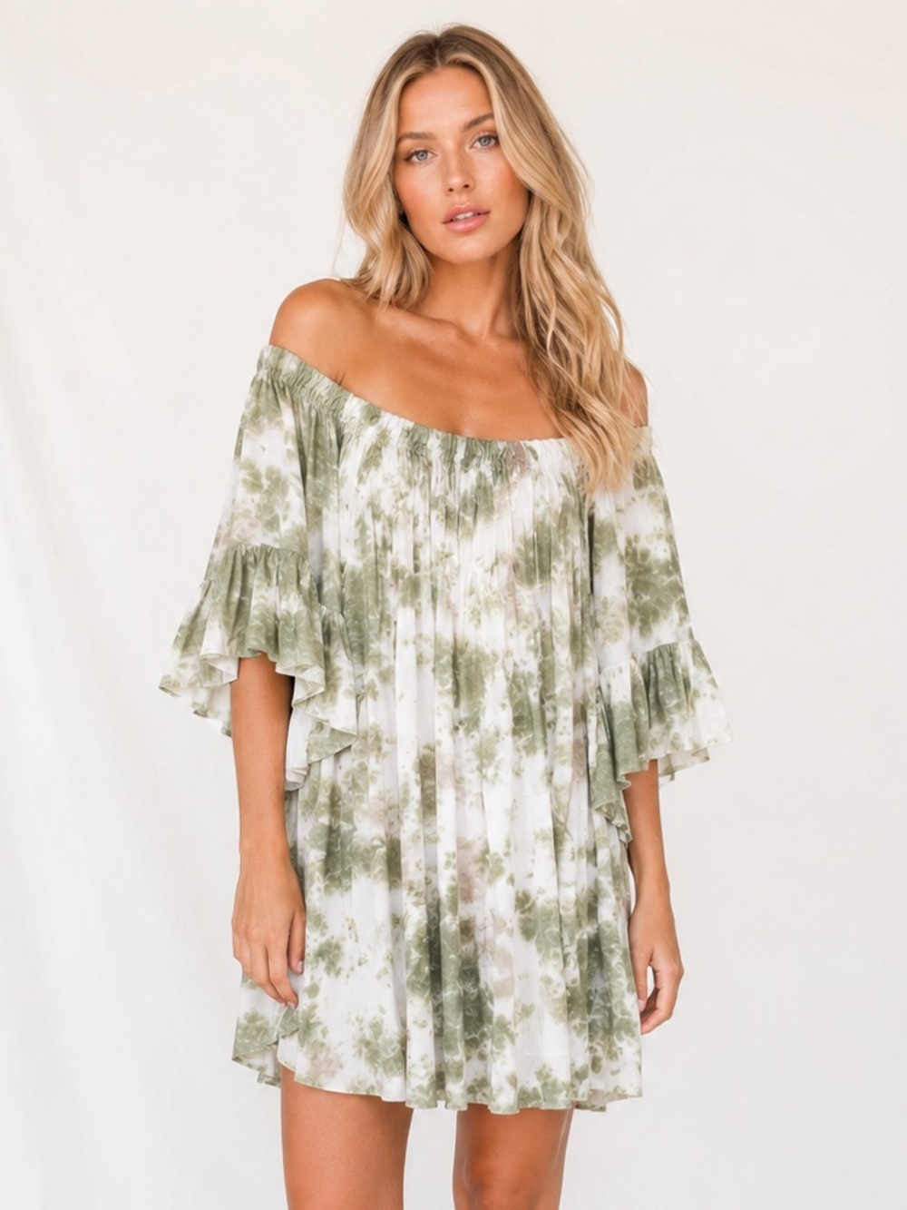 Feathers Olive Tie Dye Boho Mini Dress Flowy Romantic Cottagecore Festival Flowy